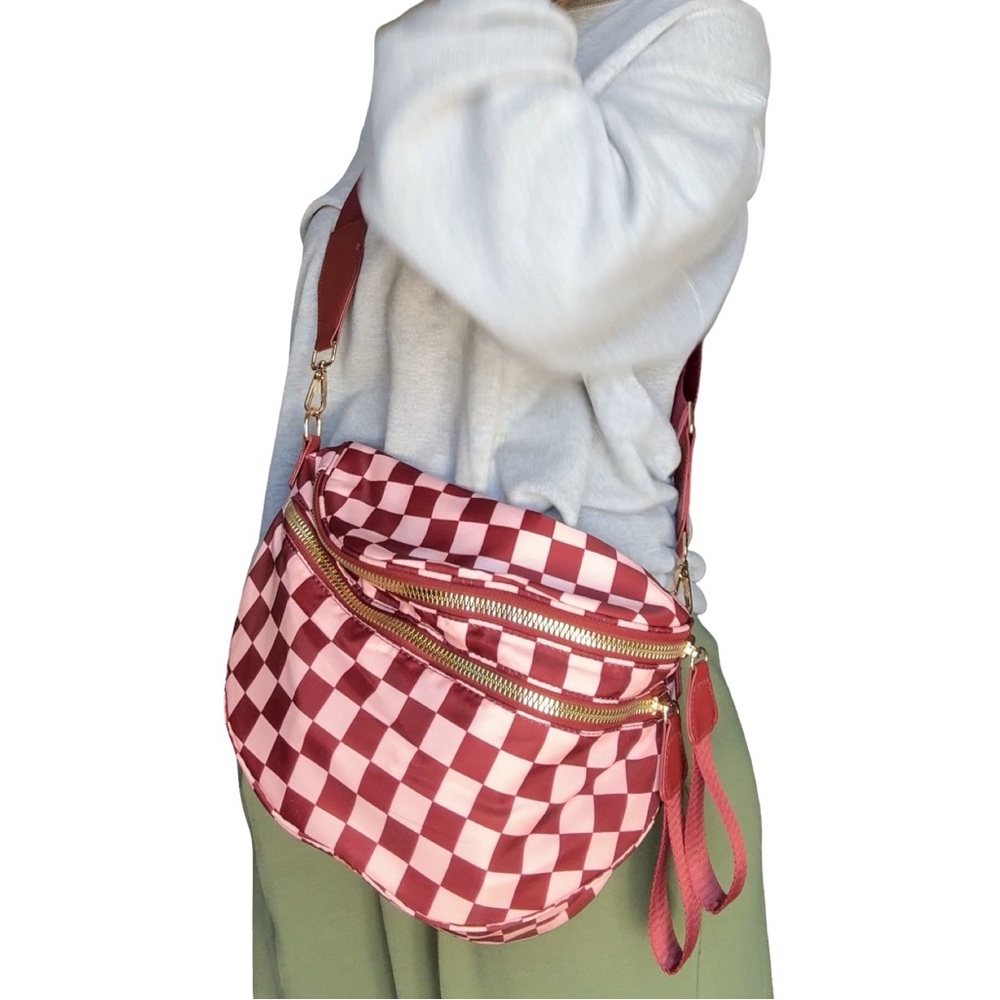 Checkered Crossbody Bum Bag — Maroon & Light Pink - Picture 6 of 8